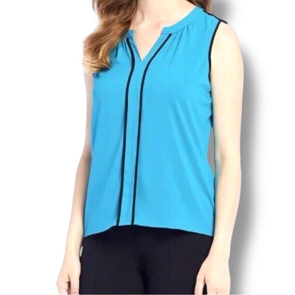 CALVIN KLEIN Split V-Neck Trim Sleeveless Top Tank - Teal Plus 1X - Picture 1 of 12